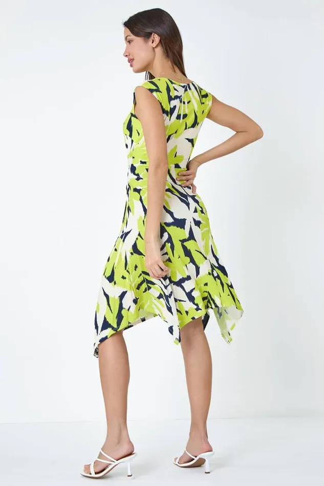Women Lime Leaf Tie Waist Hanky Hem Asymmetric Dress Roman Dresses