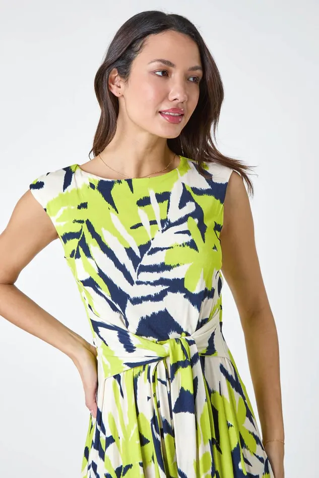 Women Lime Leaf Tie Waist Hanky Hem Asymmetric Dress Roman Dresses