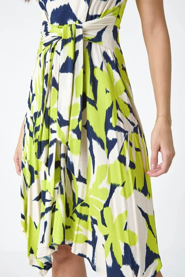 Women Lime Leaf Tie Waist Hanky Hem Asymmetric Dress Roman Dresses