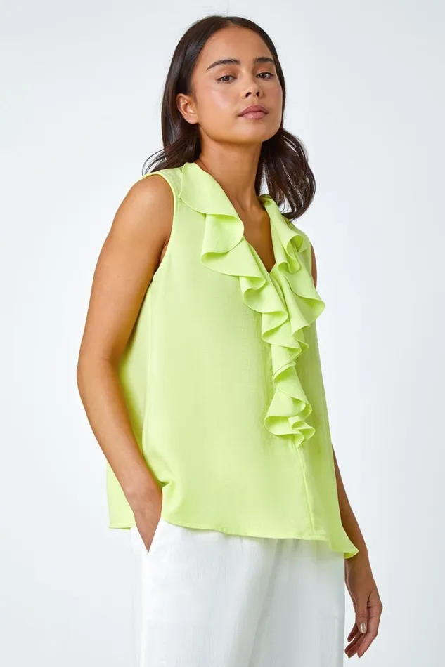 Women Lime Petite Frill Front Vest Top Roman Tops