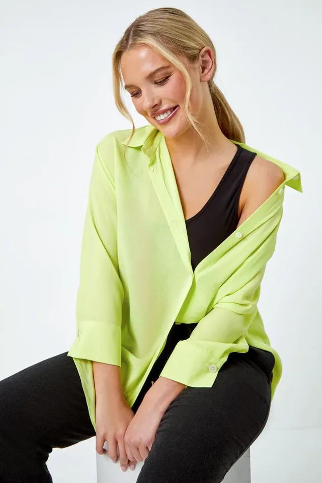 Women Lime Petite Longline Button Through Shirt Roman Tops