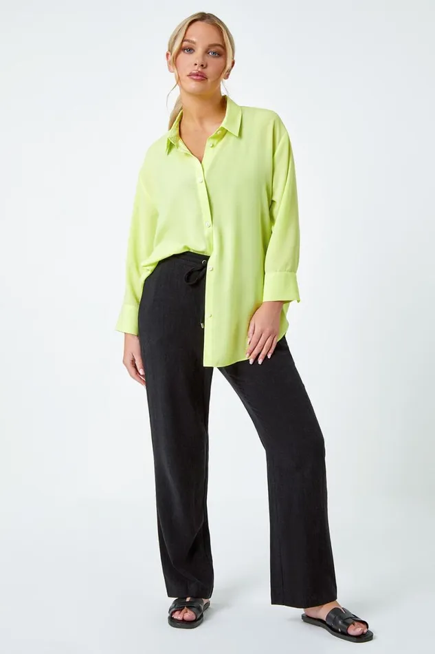 Women Lime Petite Longline Button Through Shirt Roman Tops