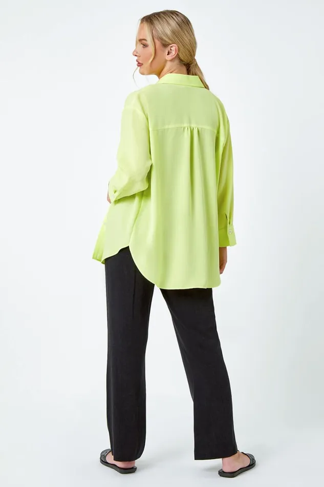 Women Lime Petite Longline Button Through Shirt Roman Tops