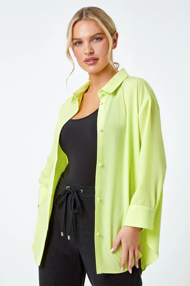 Women Lime Petite Longline Button Through Shirt Roman Tops
