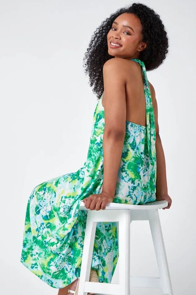 Women Lime Petite Tie Dye Halterneck Midi Dress Roman Dresses