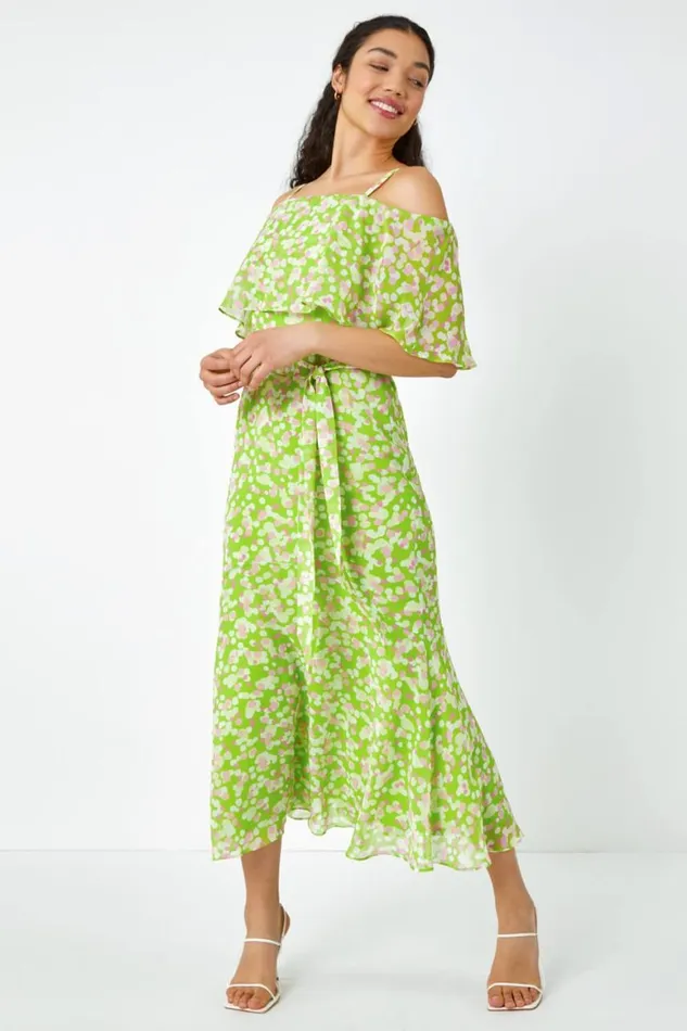 Women Lime Spot Print Overlay Chiffon Maxi Dress Roman Dresses