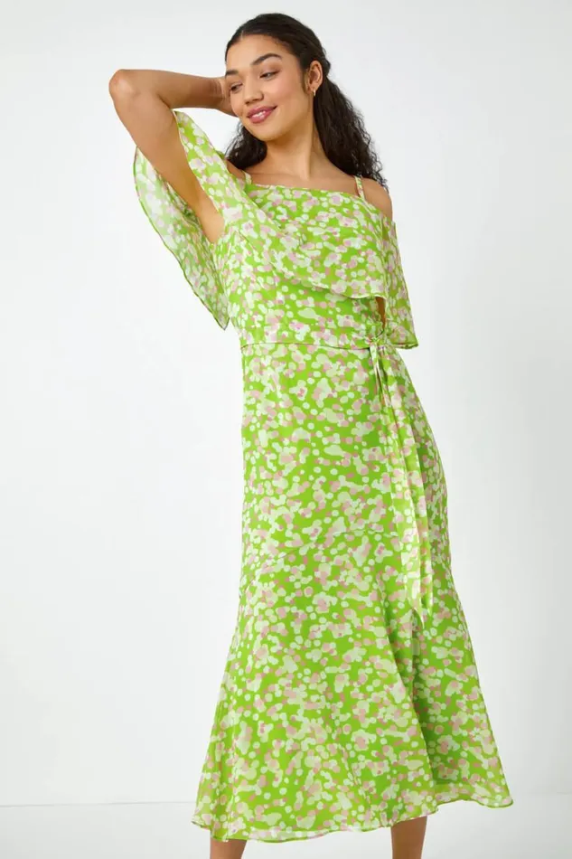 Women Lime Spot Print Overlay Chiffon Maxi Dress Roman Dresses