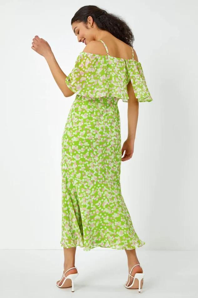 Women Lime Spot Print Overlay Chiffon Maxi Dress Roman Dresses