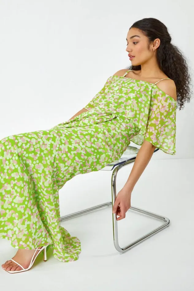 Women Lime Spot Print Overlay Chiffon Maxi Dress Roman Dresses