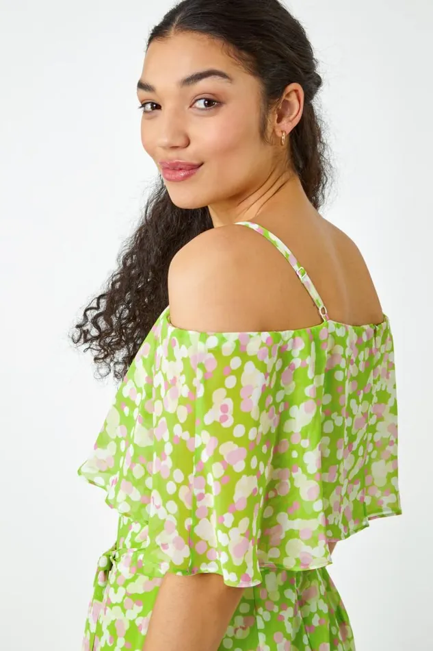 Women Lime Spot Print Overlay Chiffon Maxi Dress Roman Dresses