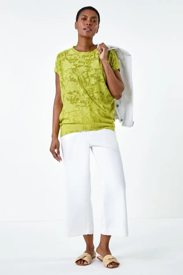 Women Lime Textured Floral Stretch Cocoon Top Roman Tops