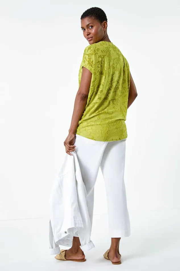 Women Lime Textured Floral Stretch Cocoon Top Roman Tops