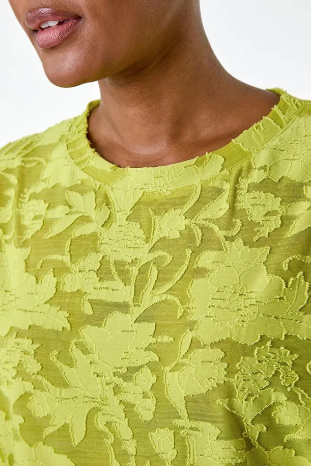 Women Lime Textured Floral Stretch Cocoon Top Roman Tops