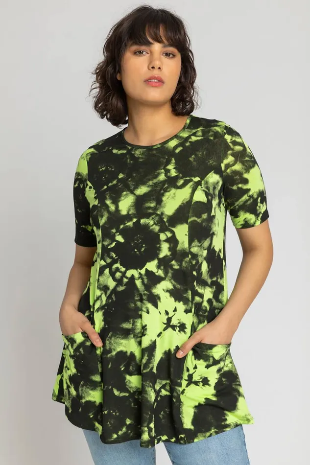 Women Lime Tie Dye Pocket Swing Top Roman Tops