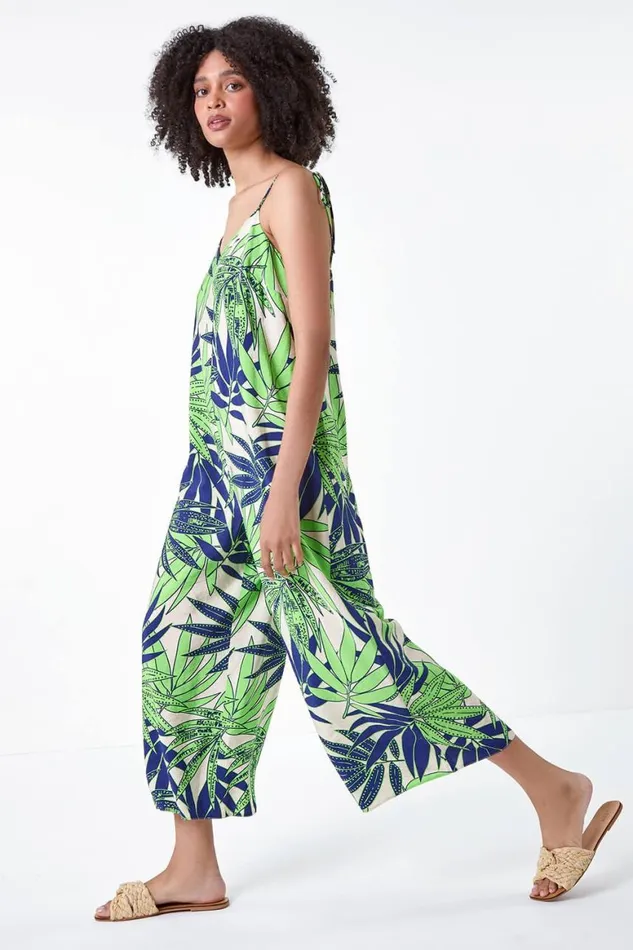 Women Lime Tropical Leaf Cropped Jumpsuit Roman Dresses