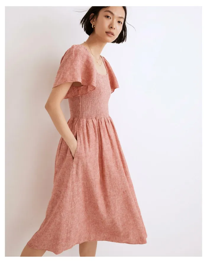 Women Linen Blend Lucie Smocked Midi Dress Fresh Chili Madewell Dresses