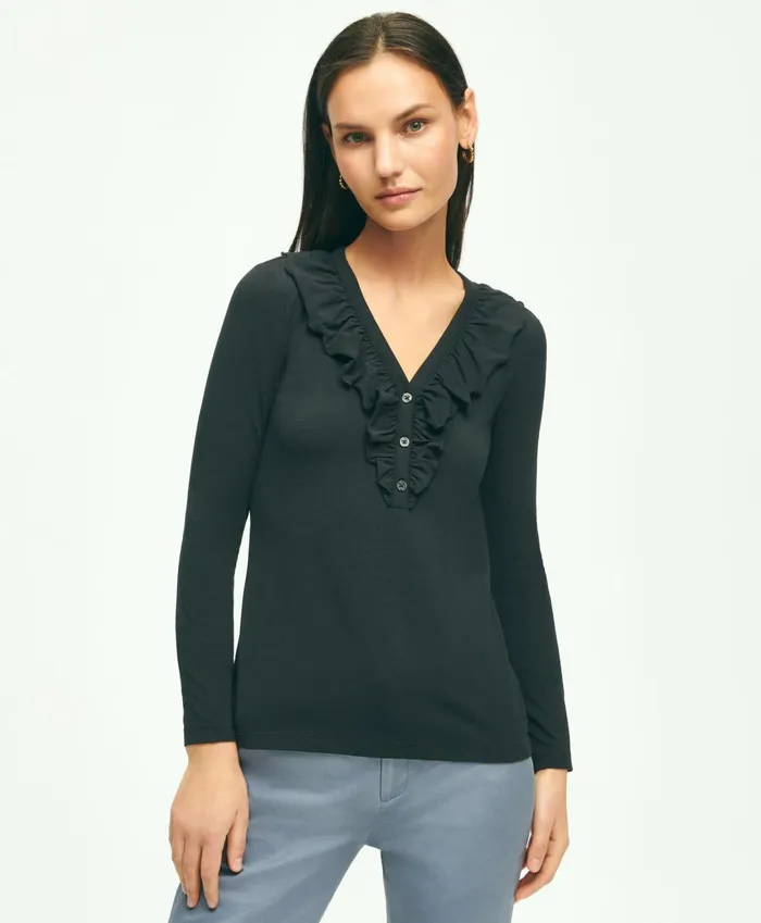 Women Long Sleeve Cotton Modal Ruffled Top Black Brooks Brothers Blouses and Shirts