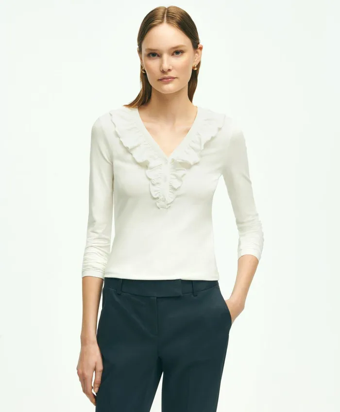 Women Long Sleeve Cotton Modal Ruffled Top White Brooks Brothers Blouses and Shirts