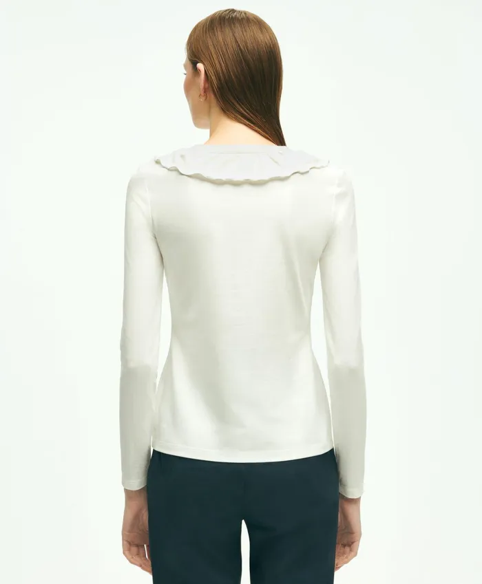 Women Long Sleeve Cotton Modal Ruffled Top White Brooks Brothers Blouses and Shirts