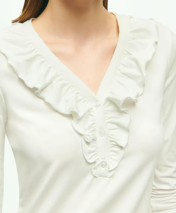 Women Long Sleeve Cotton Modal Ruffled Top White Brooks Brothers Blouses and Shirts