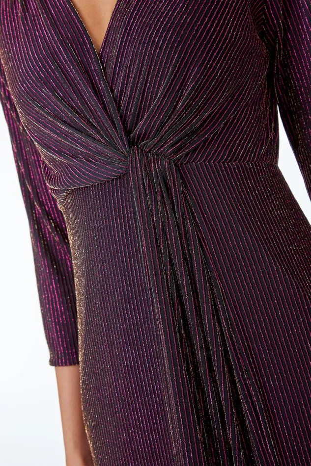Women Magenta Shimmer Stripe Twist Front Ruched Dress Roman Dresses