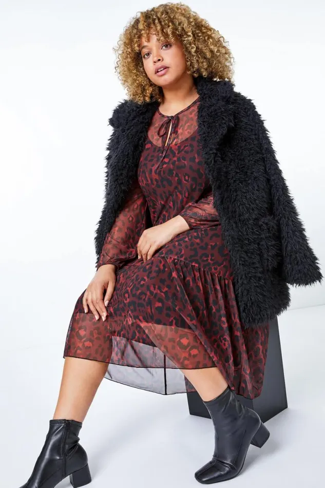 Women Maroon Curve Leopard Print Mesh Chiffon Midi Dress Roman Dresses