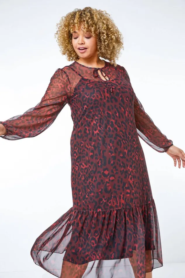 Women Maroon Curve Leopard Print Mesh Chiffon Midi Dress Roman Dresses