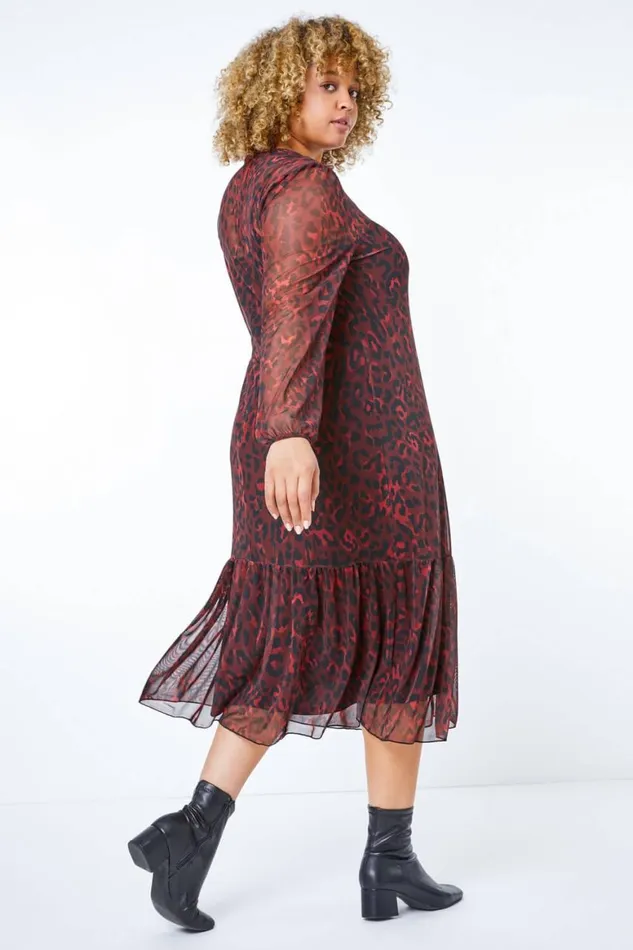Women Maroon Curve Leopard Print Mesh Chiffon Midi Dress Roman Dresses