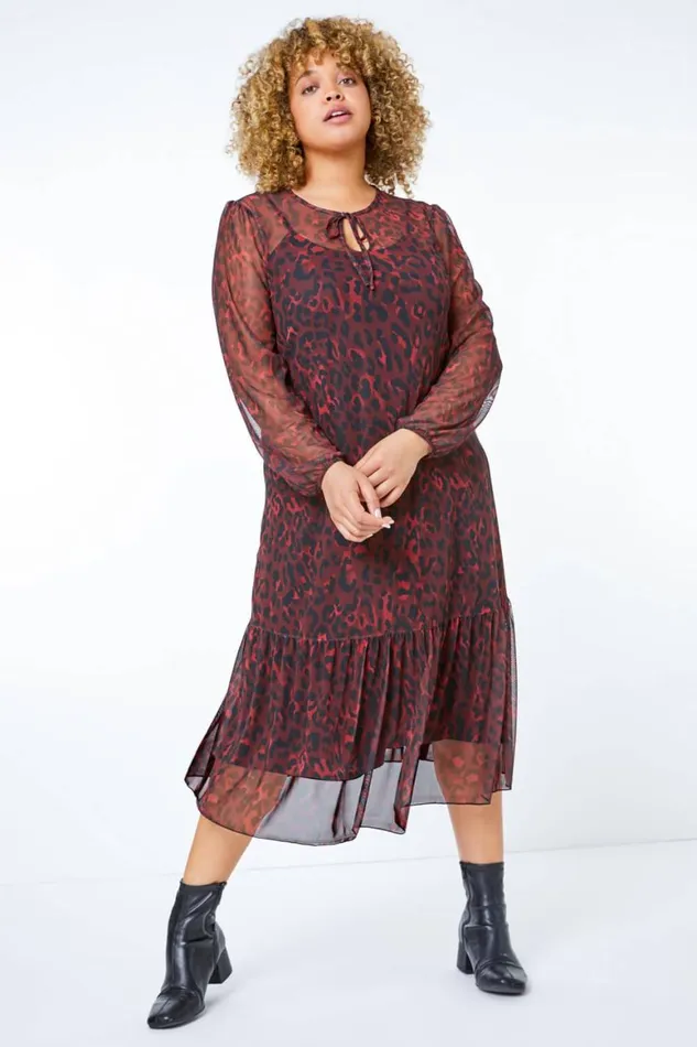 Women Maroon Curve Leopard Print Mesh Chiffon Midi Dress Roman Dresses