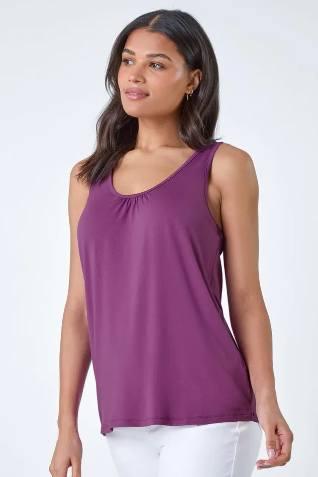 Women Mauve Plain VNeck Stretch Jersey Vest Top Roman Tops