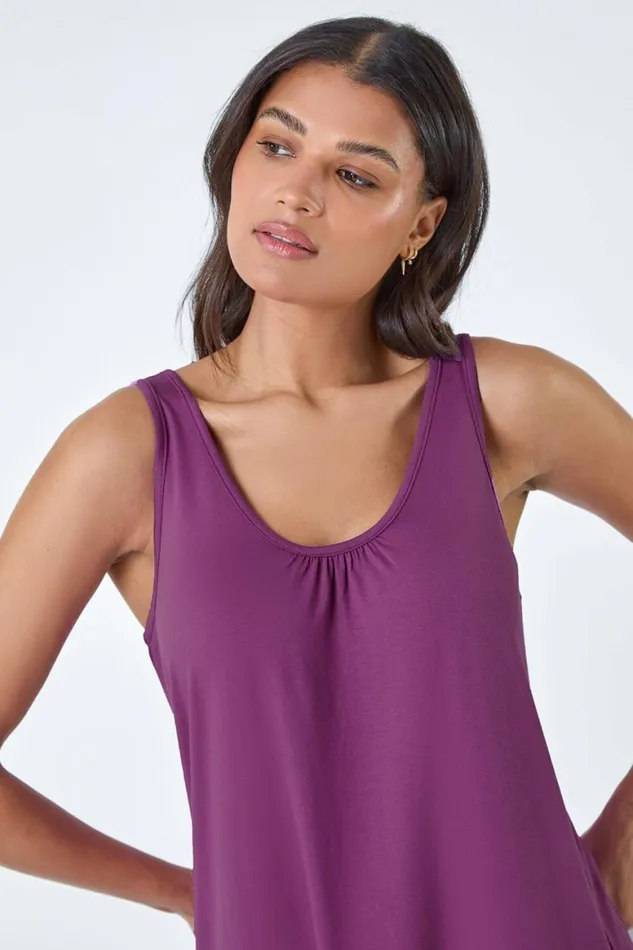 Women Mauve Plain VNeck Stretch Jersey Vest Top Roman Tops