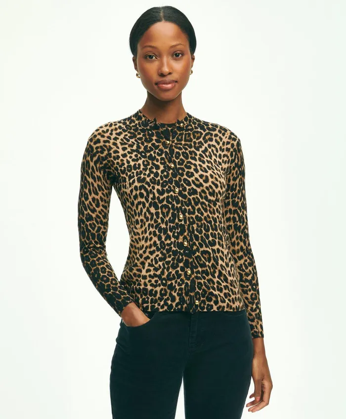 Women Merino Wool Leopard Print Cardigan Brownmulti Brooks Brothers Sweaters