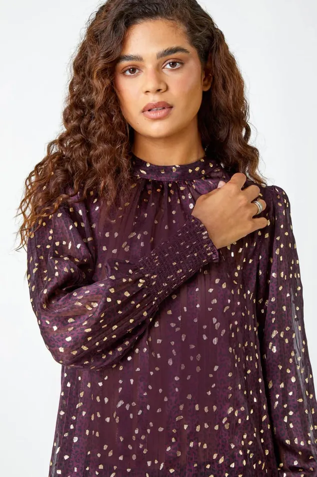 Women Metallic Animal Spot Print Chiffon Top Roman Tops