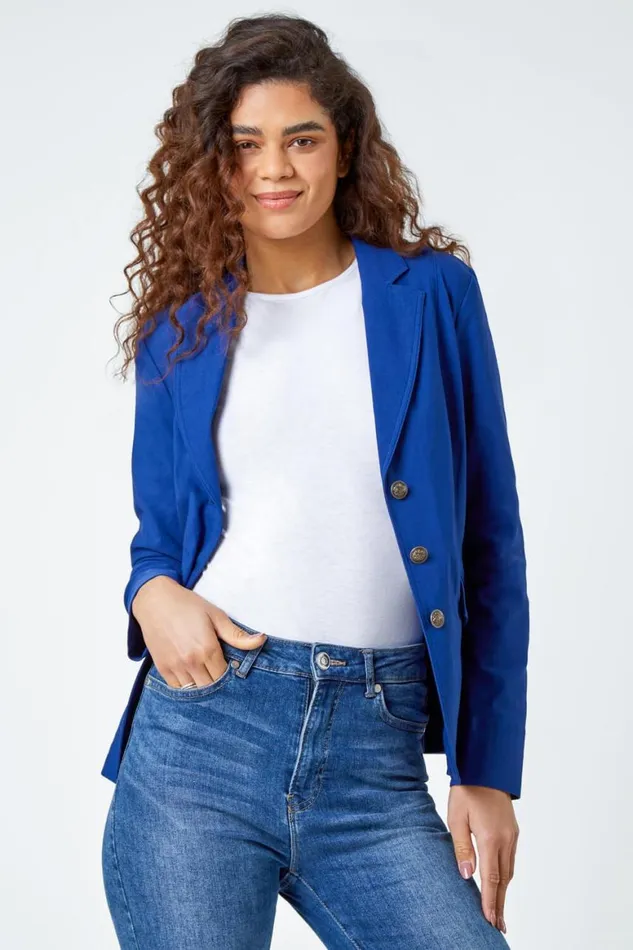 Women Midnight Blue Button Detail Stretch Blazer Roman Jackets