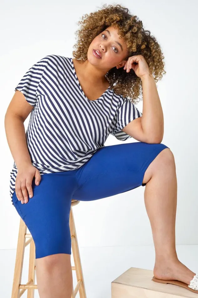 Women Midnight Blue Curve Knee Length Elastic Waist Shorts Roman Coords