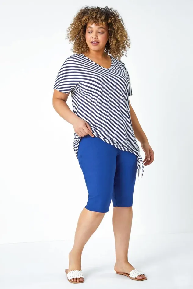 Women Midnight Blue Curve Knee Length Elastic Waist Shorts Roman Coords
