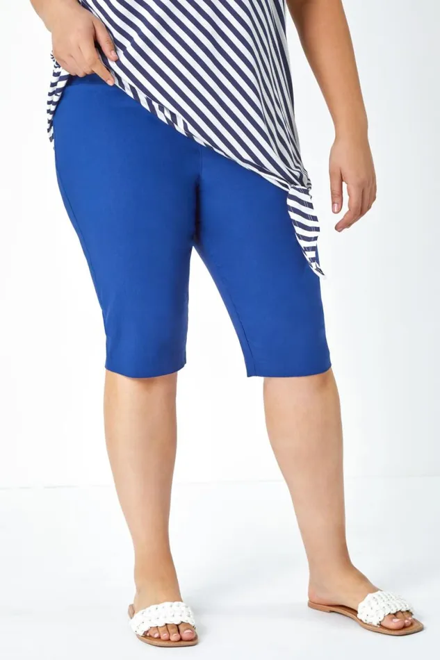 Women Midnight Blue Curve Knee Length Elastic Waist Shorts Roman Coords