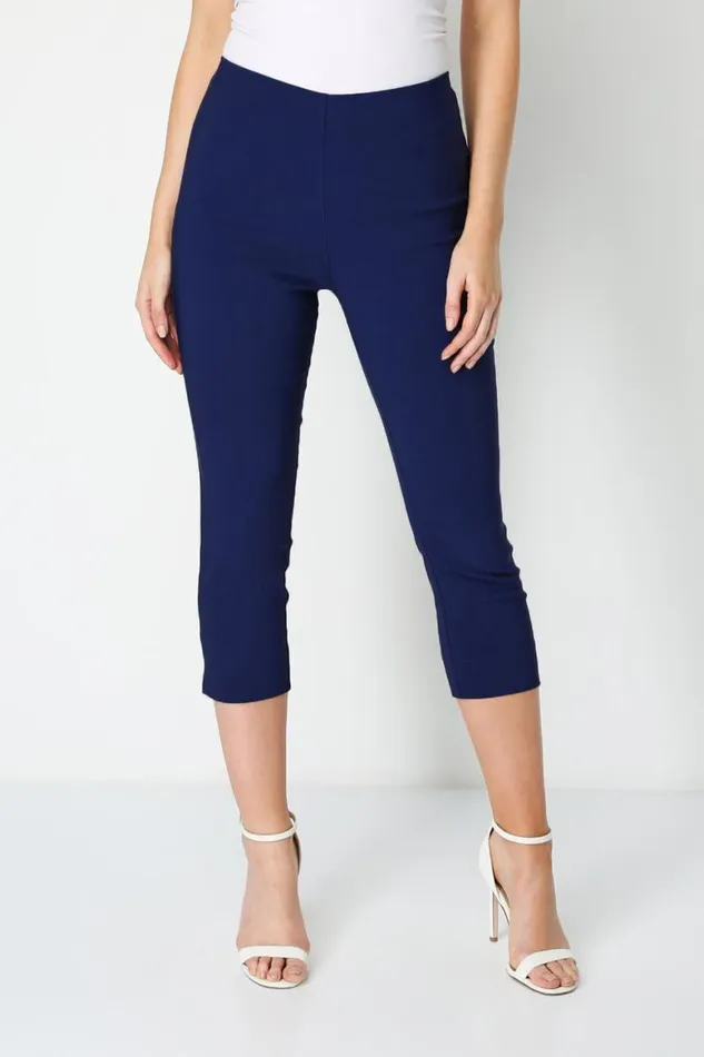 Women Midnight Blue Elastic Waist Stretch Cropped Trousers Roman Coords