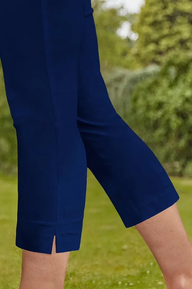 Women Midnight Blue Elastic Waist Stretch Cropped Trousers Roman Coords