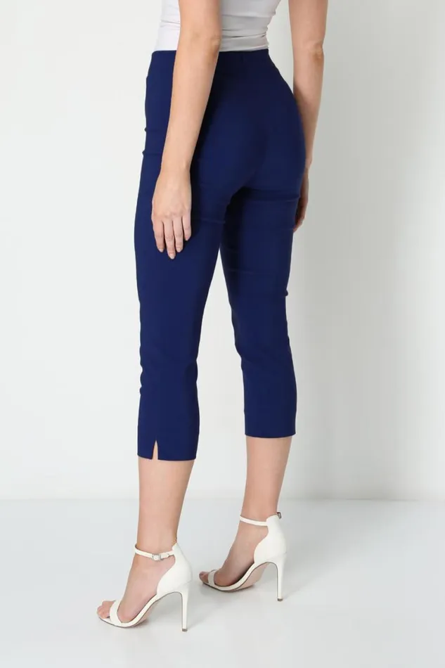 Women Midnight Blue Elastic Waist Stretch Cropped Trousers Roman Coords