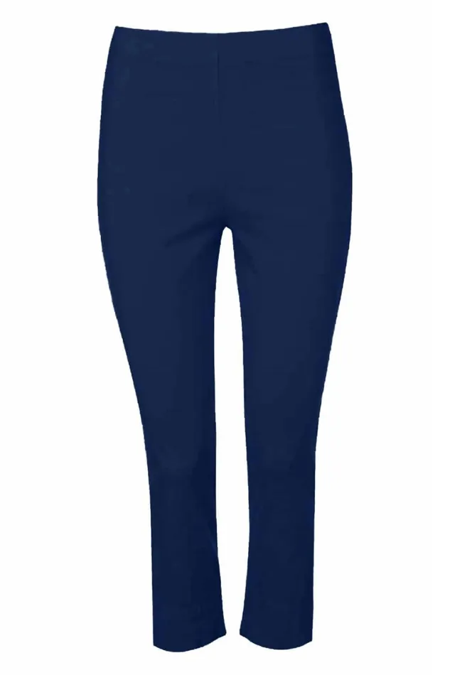 Women Midnight Blue Elastic Waist Stretch Cropped Trousers Roman Coords