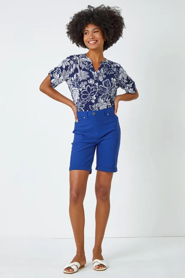Women Midnight Blue Elastic Waist Turn Up Stretch Shorts Roman Trousers