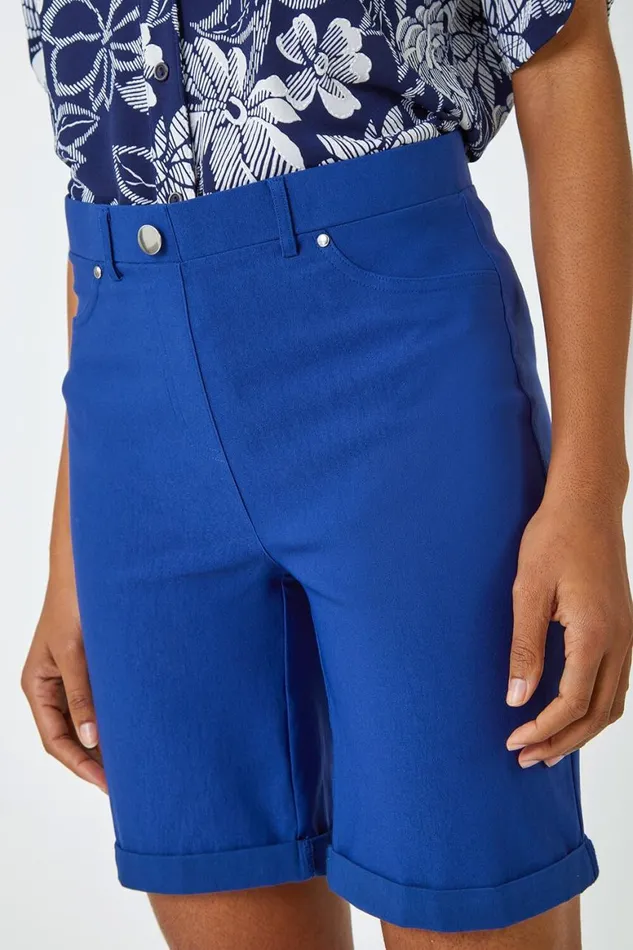 Women Midnight Blue Elastic Waist Turn Up Stretch Shorts Roman Trousers