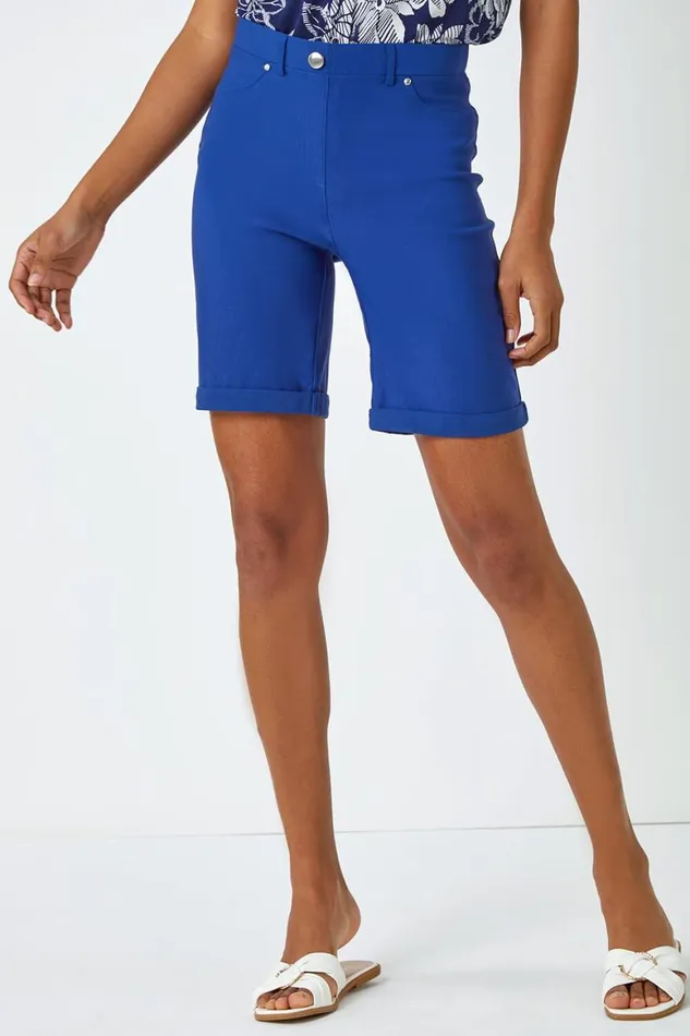 Women Midnight Blue Elastic Waist Turn Up Stretch Shorts Roman Trousers