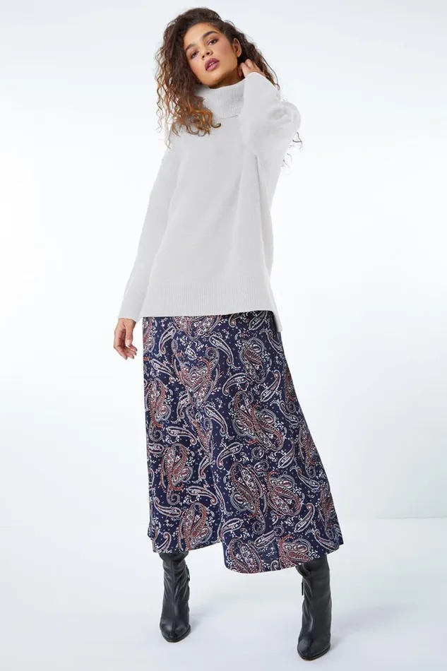 Women Midnight Blue Paisley Print Elastic Waist Midi Skirt Roman Skirts