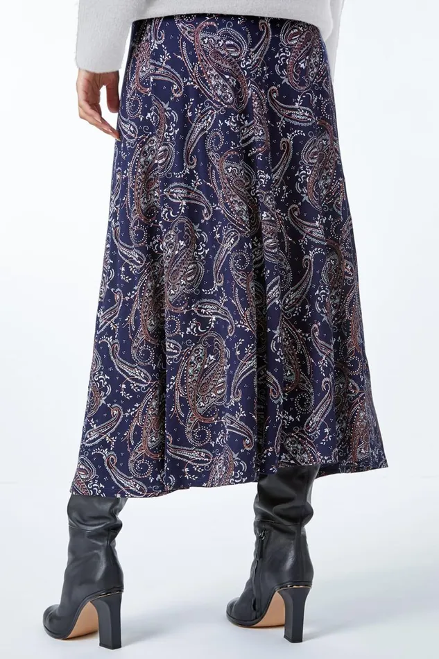 Women Midnight Blue Paisley Print Elastic Waist Midi Skirt Roman Skirts