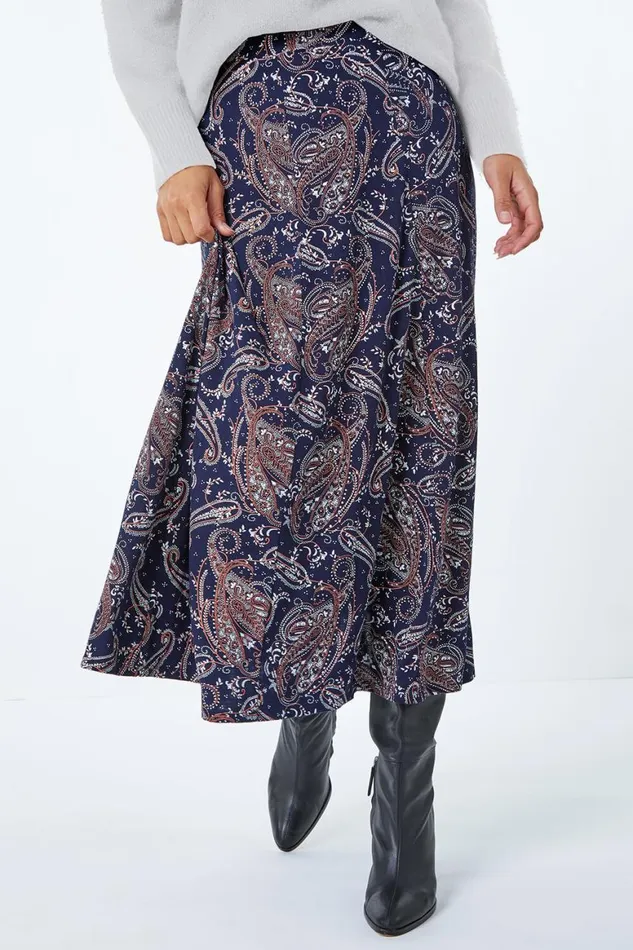Women Midnight Blue Paisley Print Elastic Waist Midi Skirt Roman Skirts