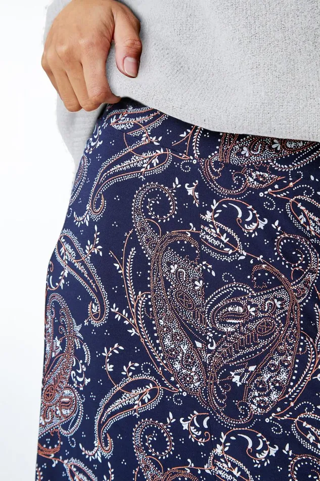 Women Midnight Blue Paisley Print Elastic Waist Midi Skirt Roman Skirts