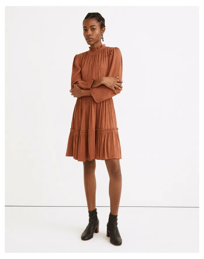 Women Mockneck Ruffle Hem Mini Dress In Cheetah Jacquard Warm Umber Madewell Dresses Women Mockneck Ruffle Hem Mini Dress In Cheetah Jacquard Warm Umber Madewell Dresses