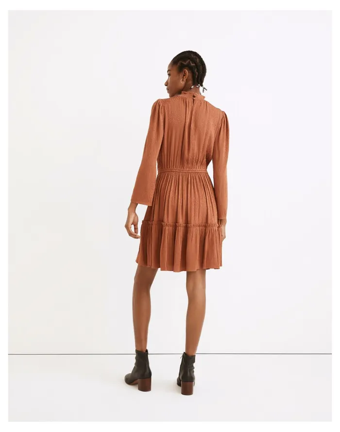 Women Mockneck Ruffle Hem Mini Dress In Cheetah Jacquard Warm Umber Madewell Dresses Women Mockneck Ruffle Hem Mini Dress In Cheetah Jacquard Warm Umber Madewell Dresses